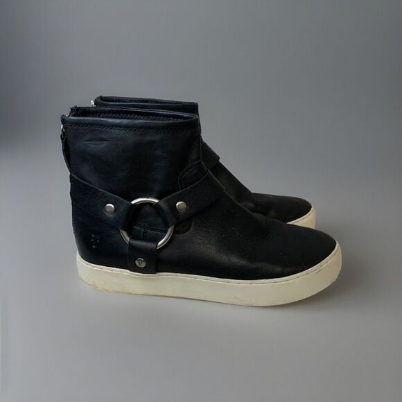 Frye Lena Harness Leather Booties Black Size 8.5 Women's‎ Ankle Boot Zip Up Moto - Picture 1 of 9